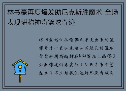 林书豪再度爆发助尼克斯胜魔术 全场表现堪称神奇篮球奇迹