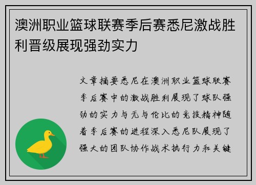 澳洲职业篮球联赛季后赛悉尼激战胜利晋级展现强劲实力