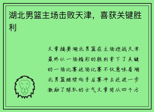 湖北男篮主场击败天津，喜获关键胜利
