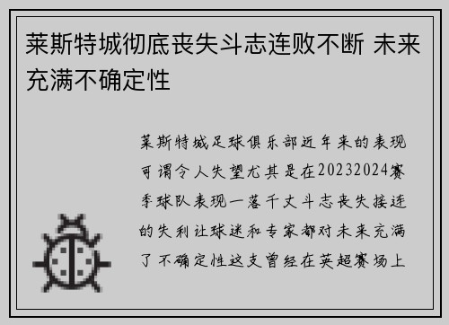 莱斯特城彻底丧失斗志连败不断 未来充满不确定性
