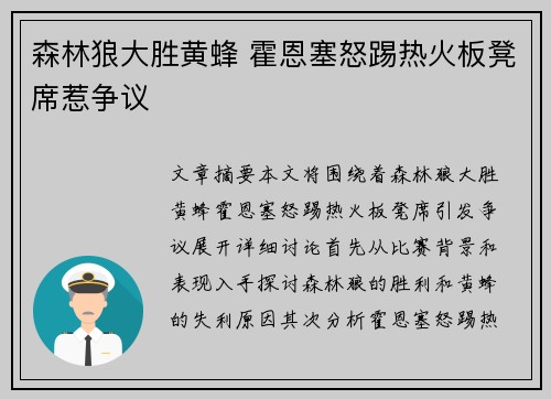 森林狼大胜黄蜂 霍恩塞怒踢热火板凳席惹争议