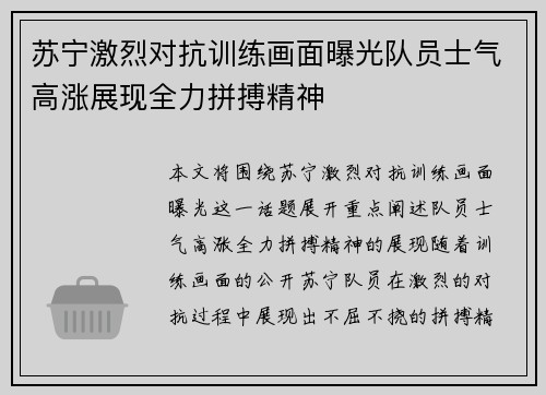 苏宁激烈对抗训练画面曝光队员士气高涨展现全力拼搏精神