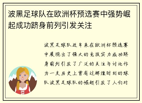 波黑足球队在欧洲杯预选赛中强势崛起成功跻身前列引发关注