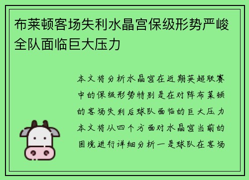 布莱顿客场失利水晶宫保级形势严峻全队面临巨大压力